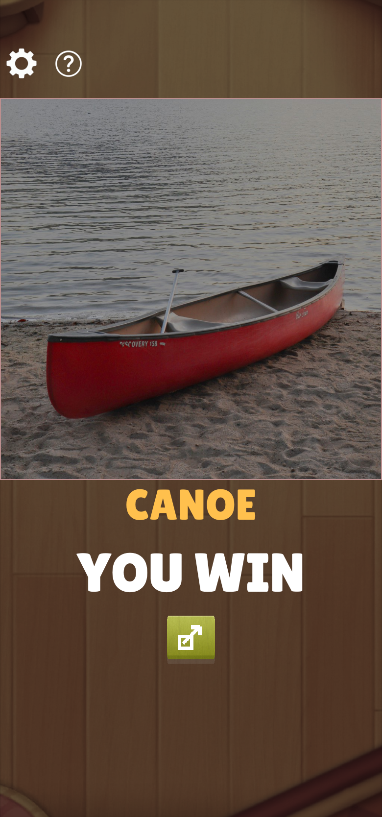 Wordpeek win screen showing revealed canoe image and YOU WIN